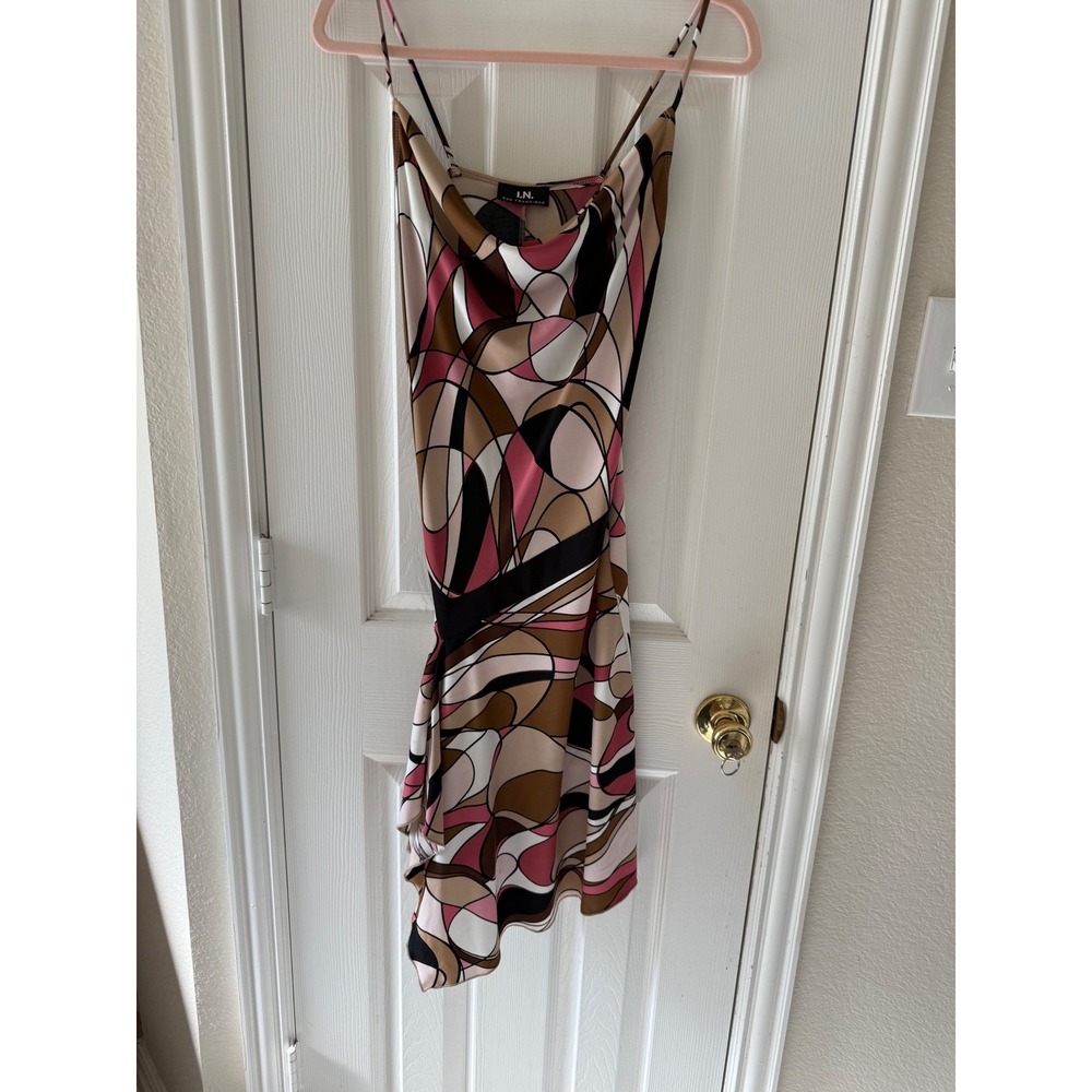Y2K I.N. San Francisco Cowl Neck Retro 90 Geometric Swirl Print Party Slip Dress